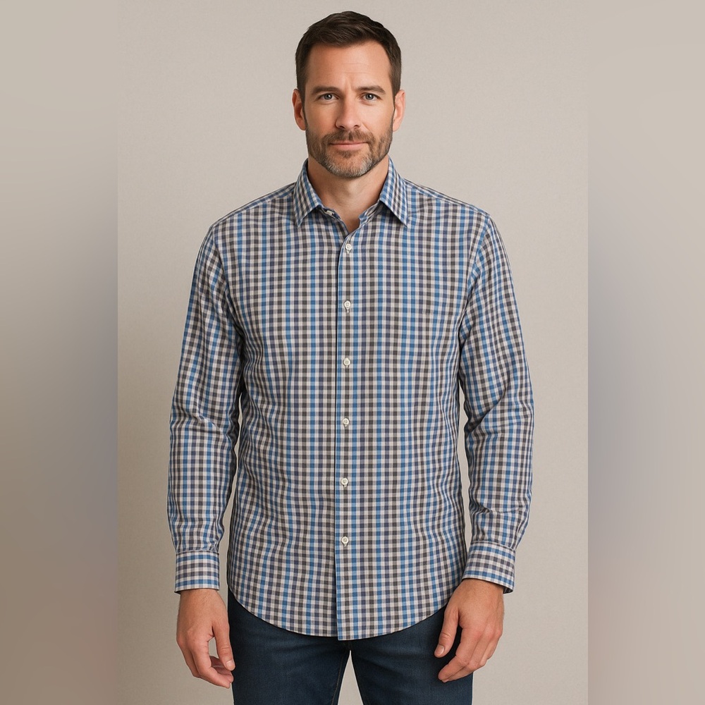 Johnston & Murphy Blue Plaid Button-Up Shirt - Size XL Tailored Fit